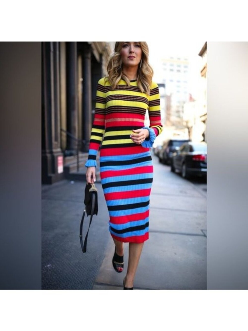 Opening Ceremony Striped Ribbed Knit Midi Dress In Azure Multi Ruffle